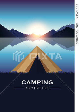 camping adventure tent by the lake with blue mountain landscape 54521553