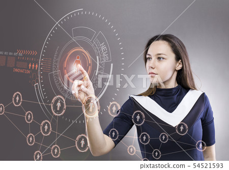 Woman touching the virtual future interface Woman touching the virtual future interface 54521593