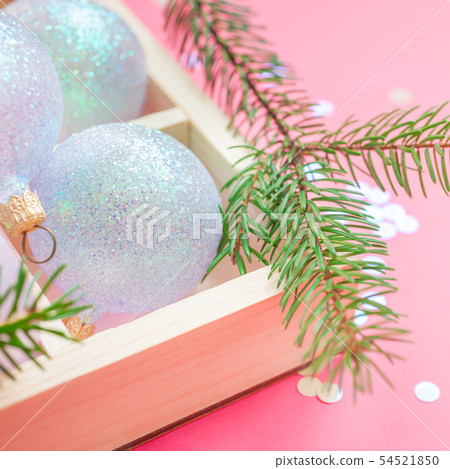 Christmas pearl decoration balls pink background Christmas pearl decoration balls pink background 54521850