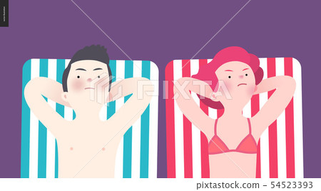 Unhappy couple sunbathing on the beach Unhappy couple sunbathing on the beach 54523393