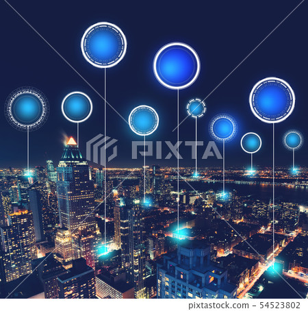 Technology digital circle with aerial view of Manhattan 54523802