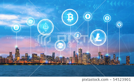 Cryptocurrency theme with downtown Chicago 54523901