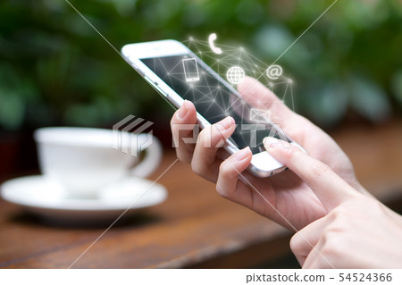 Woman hand using smart phone, Contact us 54524366