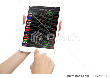 Hands holding tablet with currency exchange rates Hands holding tablet with currency exchange rates 54524367