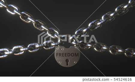 FREEDOM word on a padlock holding metal chains. Conceptual 3D rendering 54524616