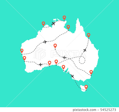 Australia map with airplane flight paths on a turquoise background 54525273