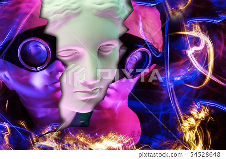 Modern conceptual art poster with ancient statue of bust of Venus. Collage of contemporary art. 54528648