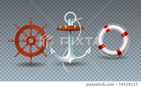 Vector Illustration with Steering Wheel, Anchor and Lifebelt Collection Isolated on Transparent Vector Illustration with Steering Wheel, Anchor and Lifebelt Collection Isolated on Transparent 54529137
