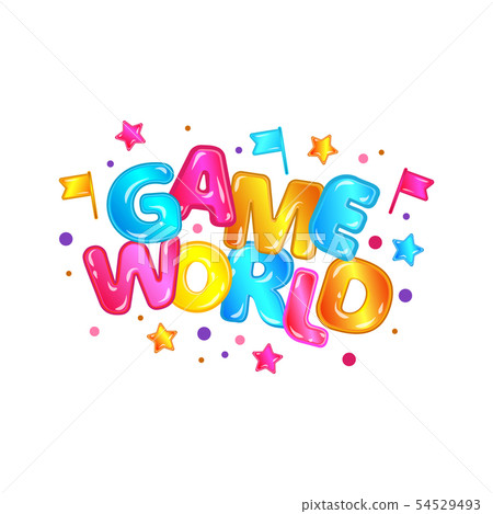 Game world - isolated cartoon font lettering design with colorful letters and confetti. Game world - isolated cartoon font lettering design with colorful letters and confetti. 54529493