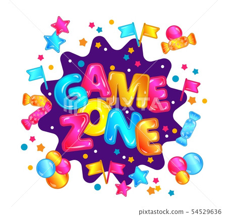 Isolated game zone banner sticker with fun text, star candy confetti explosion and colorful bubbles Isolated game zone banner sticker with fun text, star candy confetti explosion and colorful bubbles 54529636