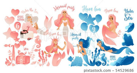 Mermaid party - cute cartoon character set in pink and blue 54529686