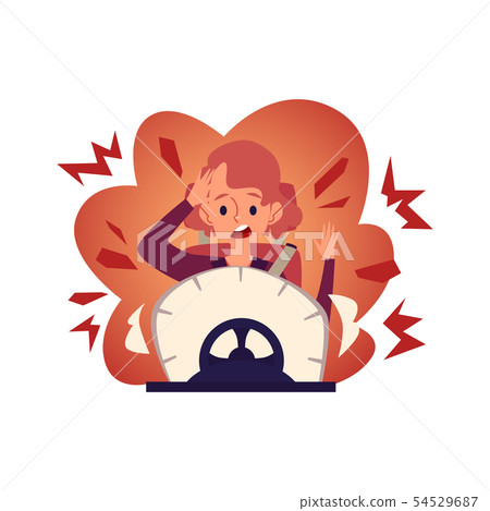 Woman driver inside her car had road accident flat vector illustration isolated. 54529687
