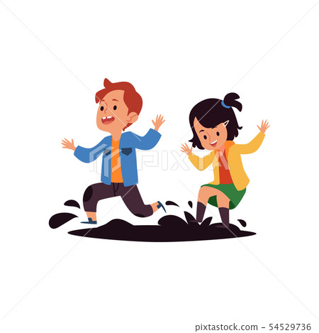 Children jump in puddles the bad kids behavior flat vector illustration isolated. Children jump in puddles the bad kids behavior flat vector illustration isolated. 54529736