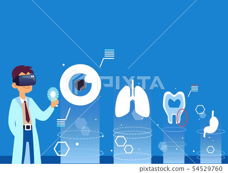 Cartoon doctor in VR glasses looking at digital hologram model of human organs Cartoon doctor in VR glasses looking at digital hologram model of human organs 54529760