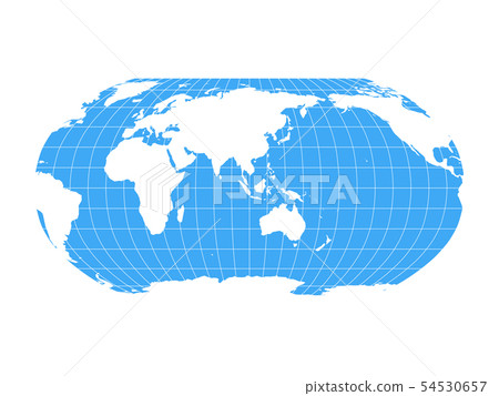 World Map in Robinson Projection with meridians and parallels grid. Asia and Australia centered 54530657