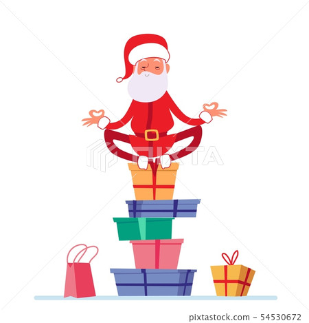 Santa in lotus yoga pose is sitting on stack of Christmas presents cartoon style Santa in lotus yoga pose is sitting on stack of Christmas presents cartoon style 54530672