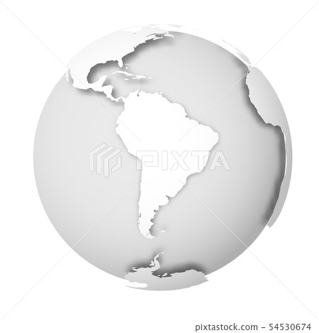 Earth globe. 3D world map with white lands dropping shadows on light grey seas and oceans. Vector Earth globe. 3D world map with white lands dropping shadows on light grey seas and oceans. Vector 54530674