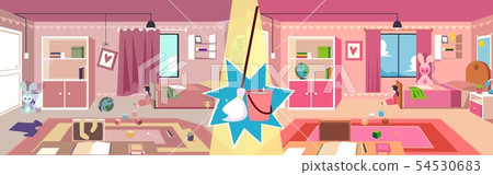 Girl child's room before and after cleaning up with mop broom and bucket Girl child's room before and after cleaning up with mop broom and bucket 54530683