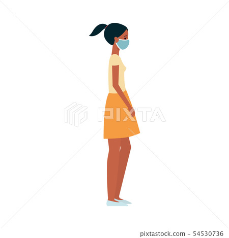 Dark skinned young woman or girl in a skirt and tshirt in a medical protective mask on her face. Dark skinned young woman or girl in a skirt and tshirt in a medical protective mask on her face. 54530736