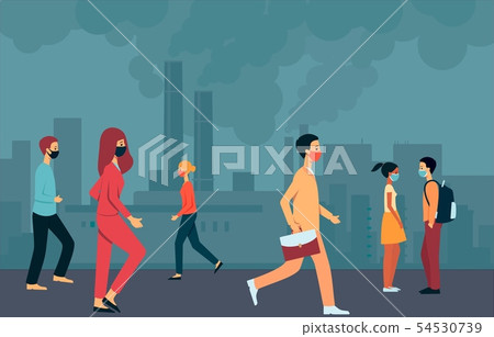 People in masks walk through the smoky city with air pollution and the environment. 54530739