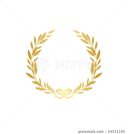 Gold laurel wreath silhouette with golden ribbon, realistic leaf branch decoration Gold laurel wreath silhouette with golden ribbon, realistic leaf branch decoration 54531195