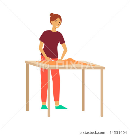 Woman standing at table and cutting fabric by scissors cartoon style 54531404