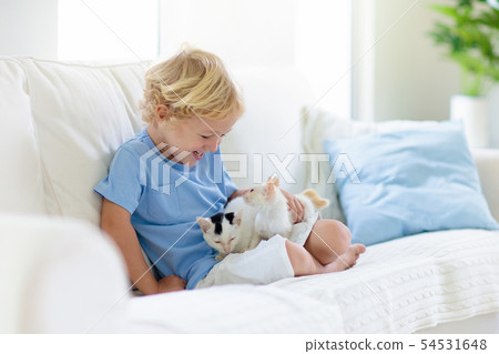 Child playing with baby cat. Kid and kitten. 54531648