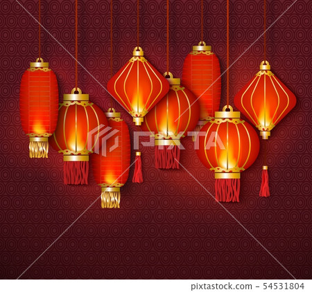 Red Chinese Traditional Lanterns Glowing In The Stock