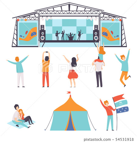 Open Air Festival Set, Music Band Performing on Stage, People Dancing, Cheering, Partying in Camping 54531918