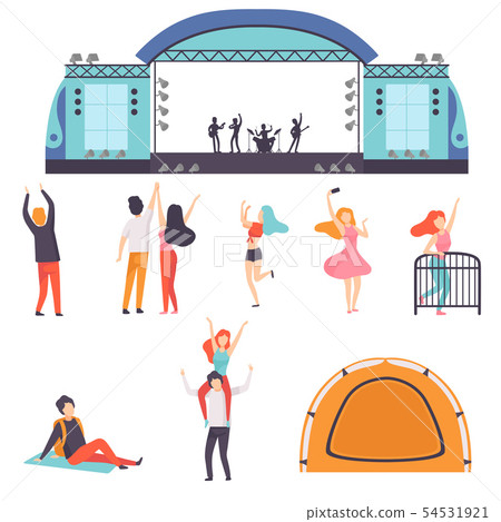 Open Air Festival Set, Music Band Performing on Stage, People Dancing, Cheering, Relaxing, Partying Open Air Festival Set, Music Band Performing on Stage, People Dancing, Cheering, Relaxing, Partying 54531921