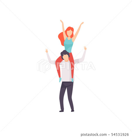 Girl Sitting on Shoulders of Guy with Hands Raised, People Dancing, Cheering, Relaxing, Partying 54531926