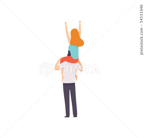 Girl Sitting on Shoulders of Guy with Hands Raised, Back View, People Dancing, Cheering, Relaxing 54531946