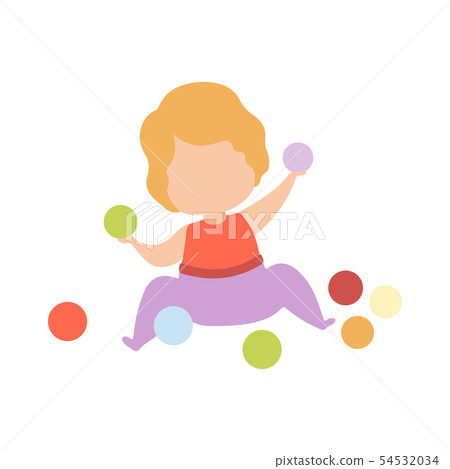 Cute Adorable Little Kid Playing with Colorful Balls Vector Illustration Cute Adorable Little Kid Playing with Colorful Balls Vector Illustration 54532034