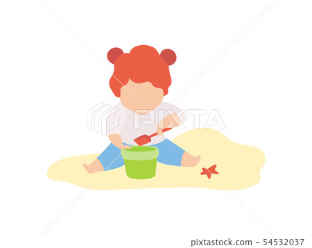 Cute Little Girl Playing in Sand with Bucket and Shovel, Kid Playing on Beach on Summer Holidays 54532037