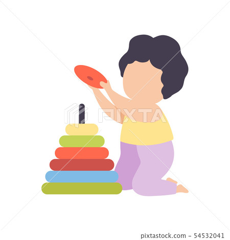 Cute Little Boy Playing with Colorful Pyramid Toy Vector Illustration Cute Little Boy Playing with Colorful Pyramid Toy Vector Illustration 54532041