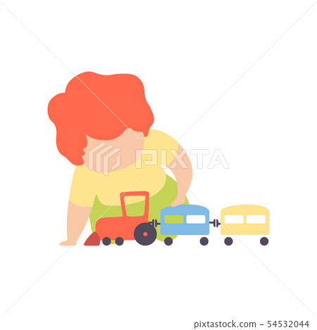 Cute Little Boy Sitting on Floor Playing with Toy Train Vector Illustration Cute Little Boy Sitting on Floor Playing with Toy Train Vector Illustration 54532044