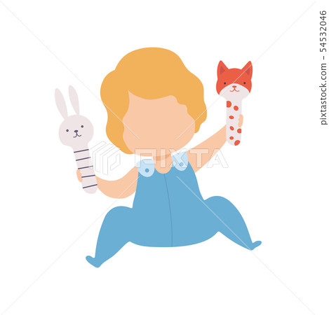 Cute Little Boy Sitting on Floor Playing with Baby Rattle Vector Illustration Cute Little Boy Sitting on Floor Playing with Baby Rattle Vector Illustration 54532046