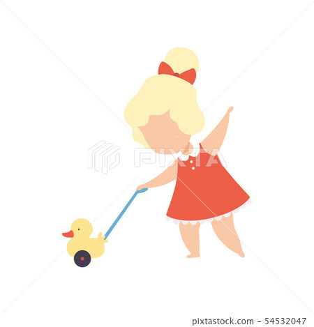 Cute Little Blonde Girl Playing with Toy Duck Vector Illustration 54532047