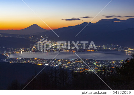 Fuji at dawn and Lake Suwa in Takabocchi Park, Okaya, Nagano Prefecture Fuji at dawn and Lake Suwa in Takabocchi Park, Okaya, Nagano Prefecture 54532099