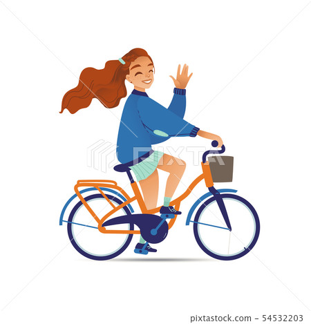 Girl or woman rides on a bicycle or bike flat cartoon vector illustration isolated. 54532203