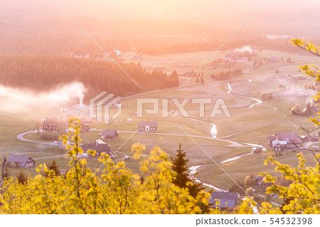 Jizerka village at sunset time. View from Bukovec Mountain, Jizera Mountains, Czech Republic 54532398