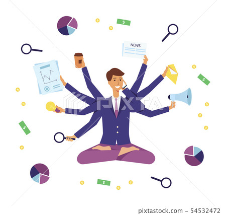 Young business man multitasking on the job, busy but happy corporate worker with many arms juggling 54532472