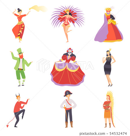 People in Bright Festival Costumes Set, Masquerade Ball, Carnival Party Design Element Vector 54532474