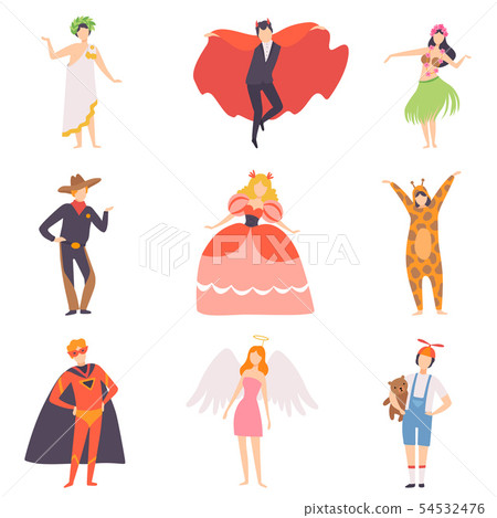 People in Bright Festival Costumes Set, Vampire, Hawaiian Girl, Cowboy, Princess, Tiger, Superhero 54532476