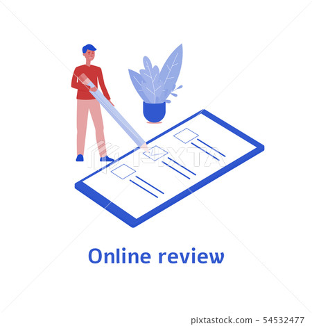 Online review - person giving feedback on business using checklist survey app on smartphone 54532477