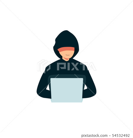 Hacker using a laptop icon, criminal man in a hoodie breaking into computer's security 54532492