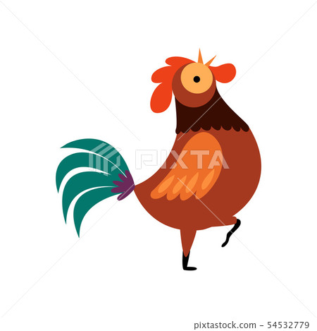Colorful Rooster Standing on One Leg and Crowing, Farm Cock, Poultry Farming Vector Illustration 54532779