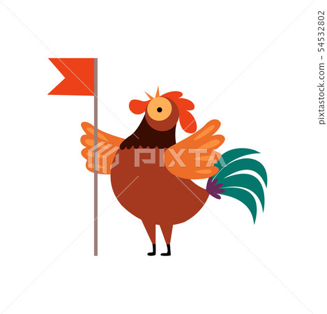 Colorful Rooster Crowing, Farm Cock Cartoon Character with Red Flag Vector Illustration 54532802
