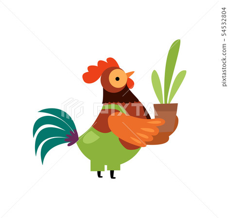 Colorful Rooster with Wearing Overalls Flower Pot, Farm Cock Cartoon Character Vector Illustration 54532804