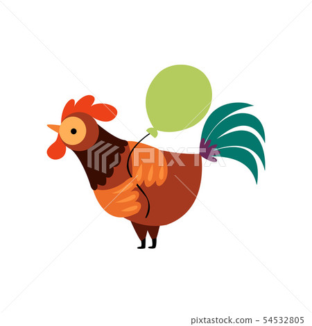 Colorful Rooster with Green Balloon, Farm Cock Cartoon Character Vector Illustration 54532805